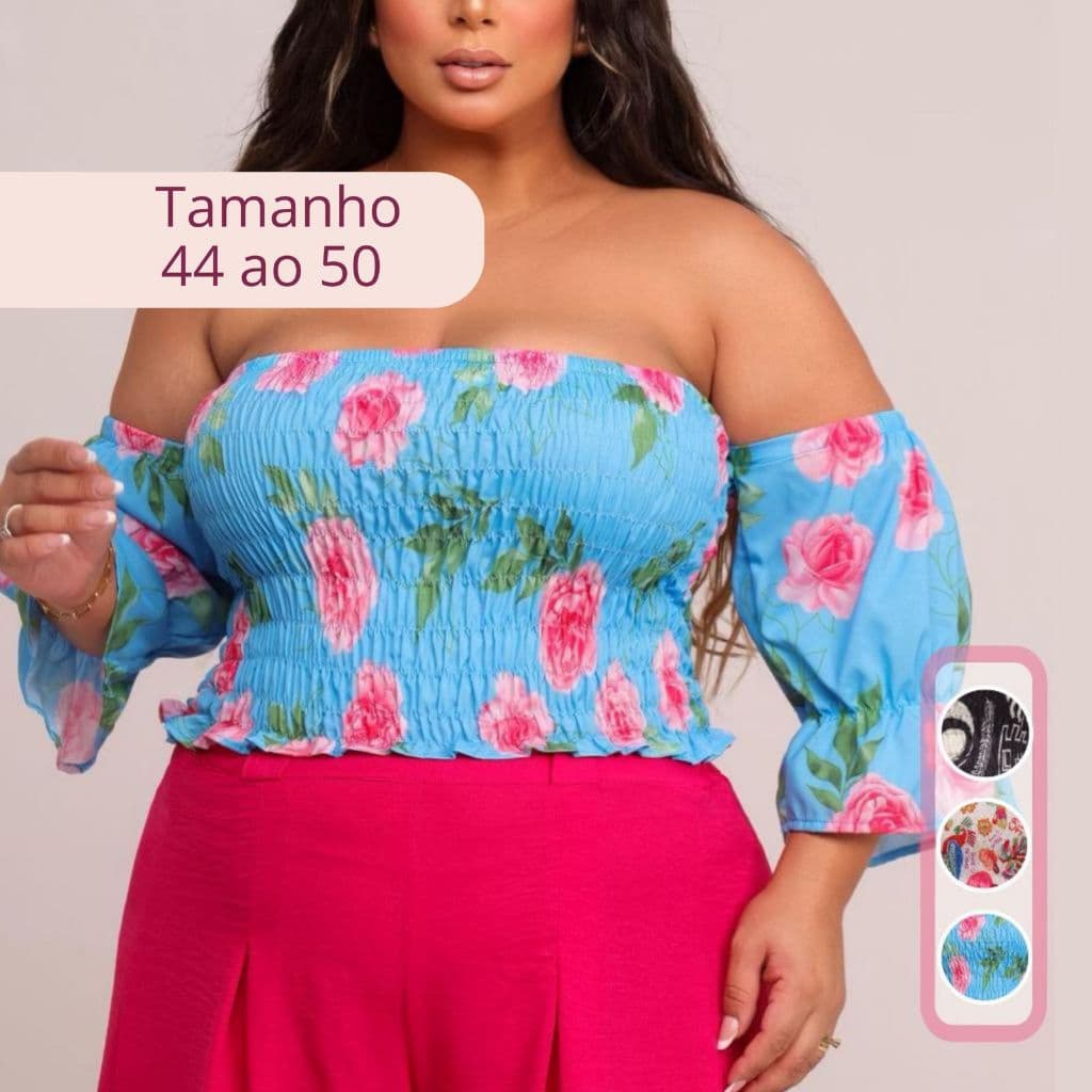 Cropped Blusa Ciganinha Lastex Lycra Ombro a Ombro Crepinho Feminina Plus Size  Curvy +
