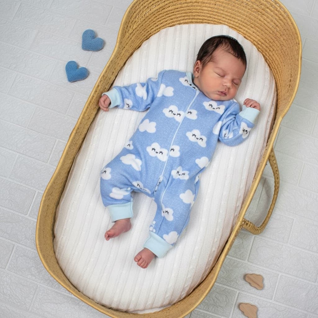Macacão de Inverno Unissex Peluciado Estampa Nuvens Azul com Zíper Frontal Quentinho Macio Para Bebê