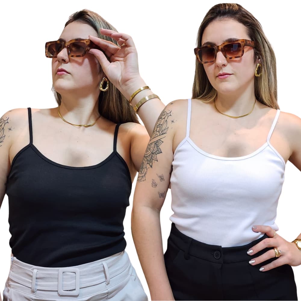 Kit 2 Blusas Femininas Caneladas Alça Fina Básica Justa Confortável