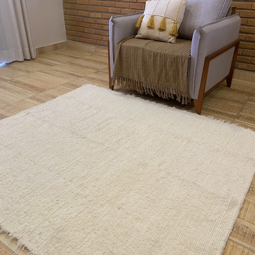 Tapete Berlim 150x200 Bege Liso Sala Tear Algodão Peludo Quarto Escritório Boho
