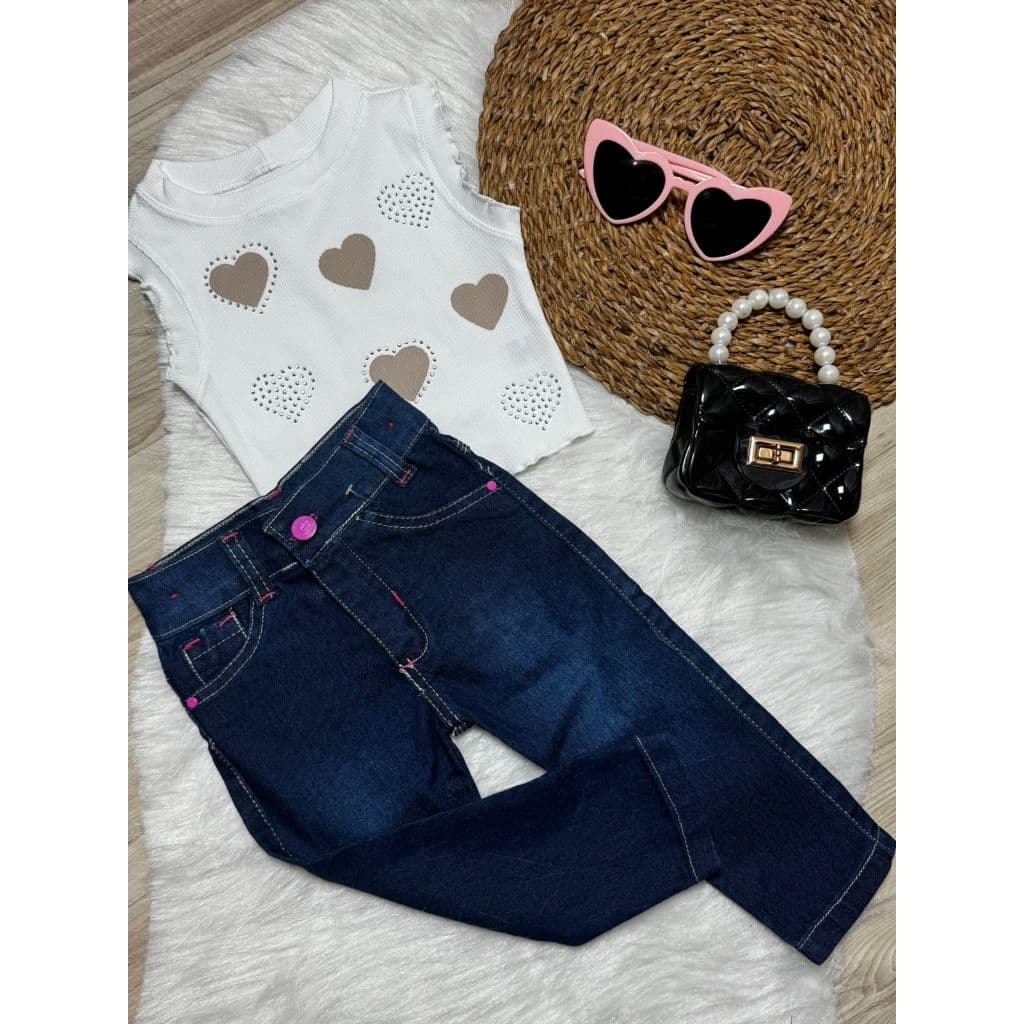 Conjunto Menina 2 Peças Blusinha e Calça Jeans com Lycra