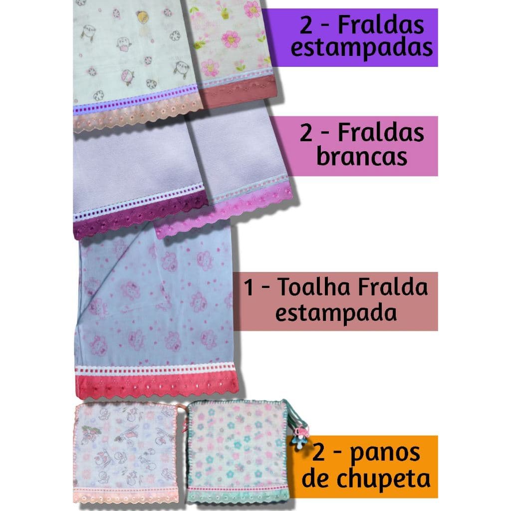 Kit 2 fraldas estampadas + 2 fraldas brancas + 1 toalha fralda + 2 panos de chupeta