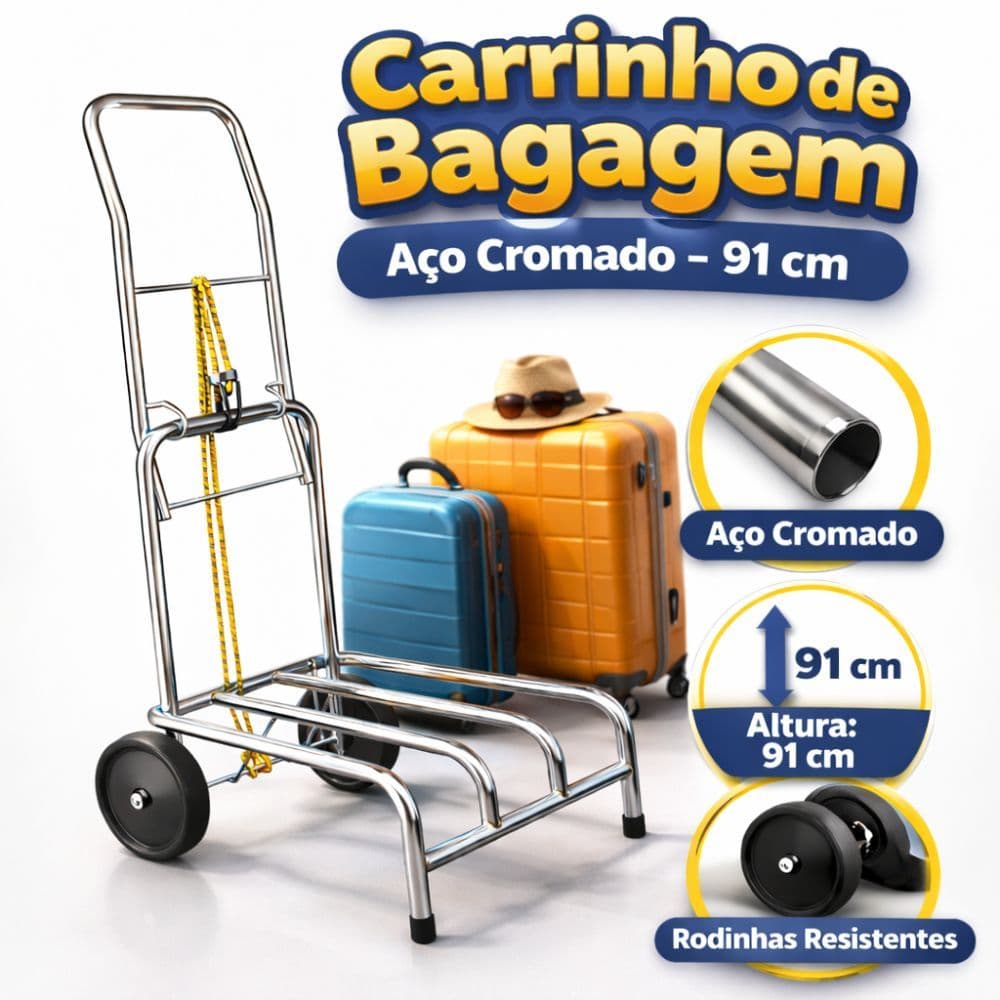 Carrinho de Bagagem - Aço Cromado 91cm