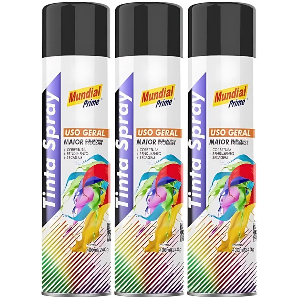 3 Tinta Spray 400ml Mundial Prime Preto Brilhante Spray Uso Geral
