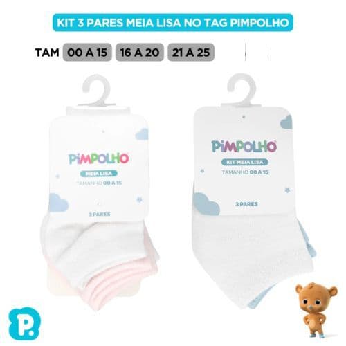 Kit 3 Pares Meia Pimpolho Infantil Branca Algodão Unissex