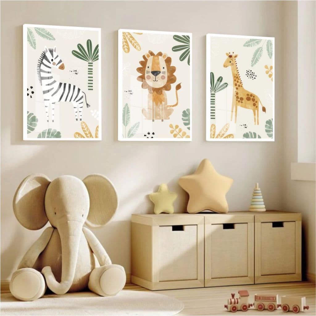 Quadro Moldura Vidro Kit Três Peças Animais Safari Leão Zebra Girafa Decoração Quarto Bebê Infantil