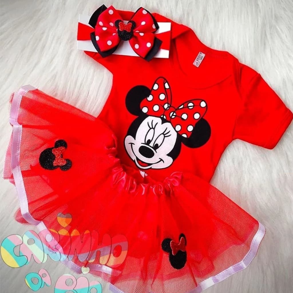 Kit Completo Body Bebê Minnie Mesversário Bebê Menina - Minnie Vermelha