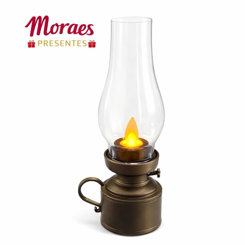 Luminária retrô estilo lampião com luz LED quente. Decoração charmosa e aconchegante.