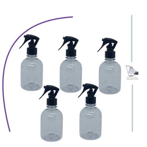 Kit 5 Frascos Pet 250ml c/ Válvula Spray Mini Gatilho 28/410 Branco ou Preto
