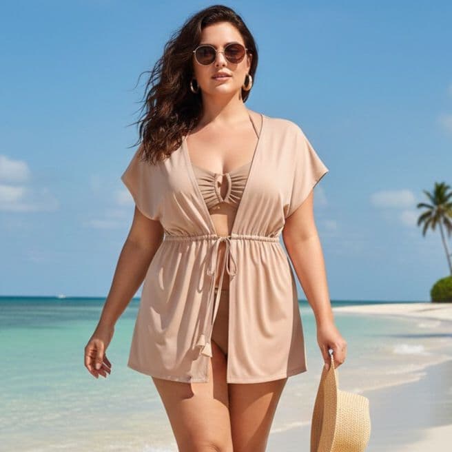 Saída de Praia estilo Kimono Plus Size Proteção Solar Elegante Tecido Leve Fresco veste 48 ao 70