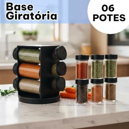 Porta Tempero Condimento Giratório  Potes de Vidro com Tampa Dosadora 06 Potes 80ml Vidro e Plástico