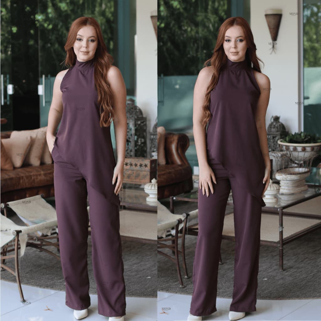 Conjunto Feminino Calça e Blusa Assimétrica Gola Alta Social