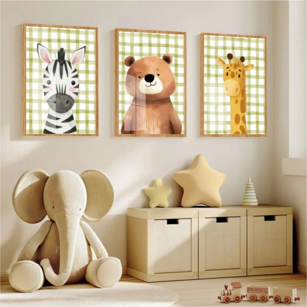 Quadro Moldura Vidro Kit Três Peças Animais Safari Zebra Urso Girafa Decoração Quarto Infantil Bebê