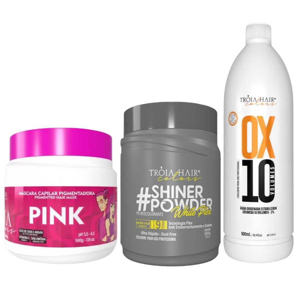 Pó Descolorante Premium 500g + OX 10 900ml + Troia Colors Pink 500g - Troia Hair