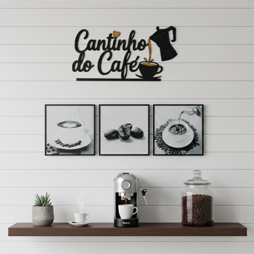 Kit Decoração Cantinho do Café Letreiro + Quadros Premium