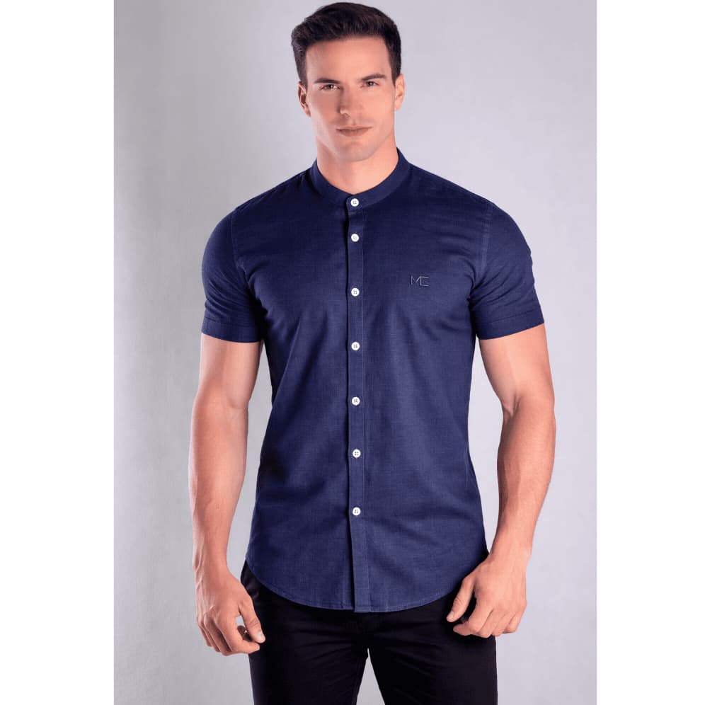 Camisa Social Gola Padre Manga Curta Masculina Linho Bordado Firme Resistente
