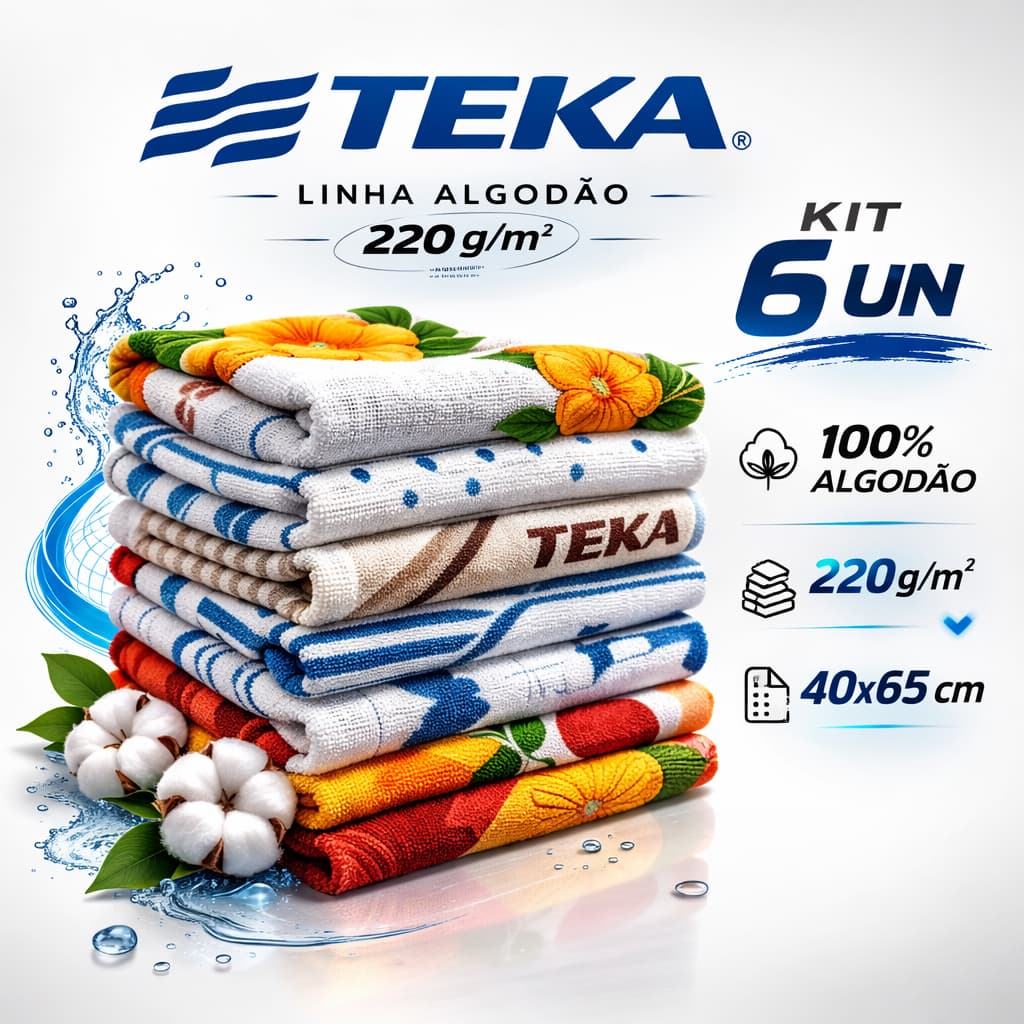 Kit 6 Panos de Prato Teka Primore Atoalhados 40x65cm 100% Algodão 220g/m² Felpudos Alta Absorção Estampas Sortidas