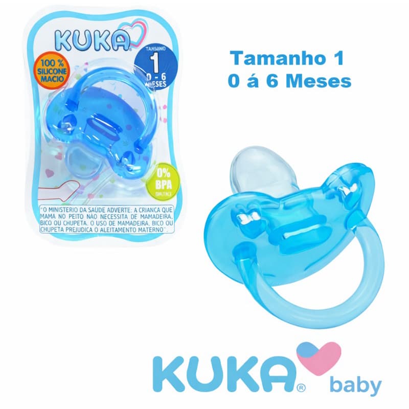 Chupeta Ortodôntica (Tamanho 1) Azul 100 % Silicone Soft - Kuka Baby para 0 á 6 Meses