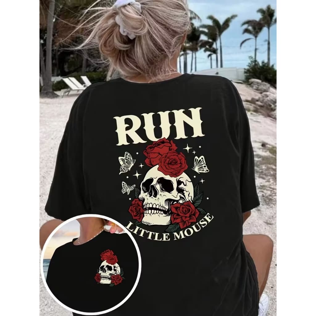 Camiseta Feminina Streetwear 100% Algodão Caveira com Rosas  RUN Little Mouse