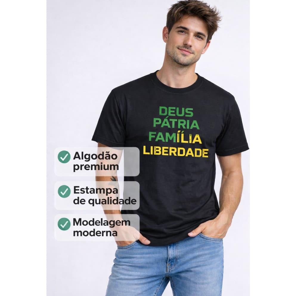 Camiseta Masculina Deus Pátria Brasil