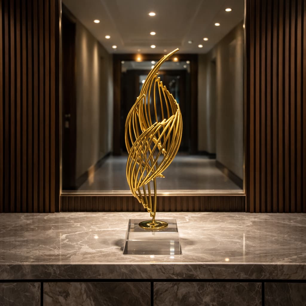 Escultura Decorativa Chama Infinita em Metal Dourado com Base Cristal Arte Moderna e Sofisticada
