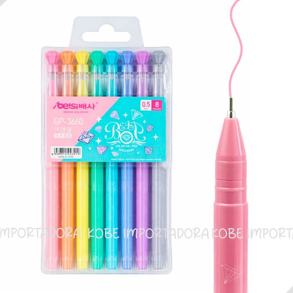 Kit 8 Canetas Gel Pastel Ponta Fina Coração e Diamante Kawaii Tampa Decorada com Grip Escolar