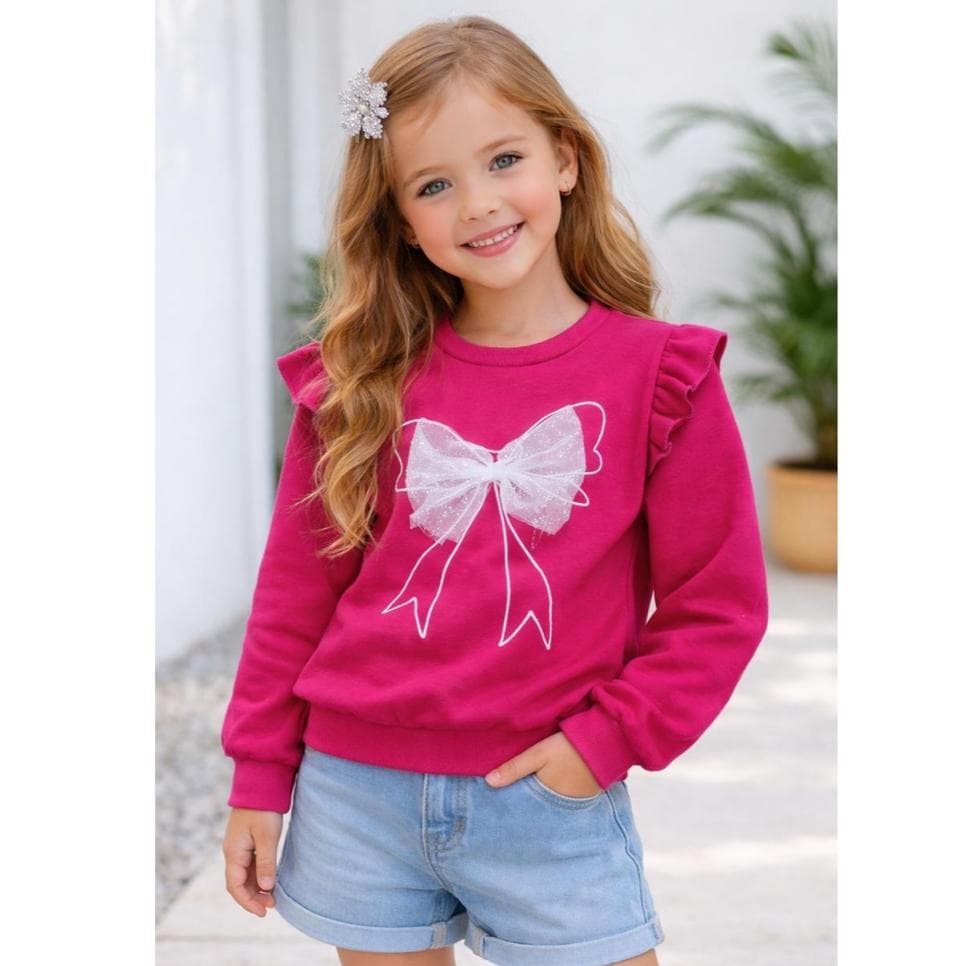 Moletom Infantil Blusa Laço  Manga Longa Desenho Infância  laço  Tule  Kids Blusa Flanelado