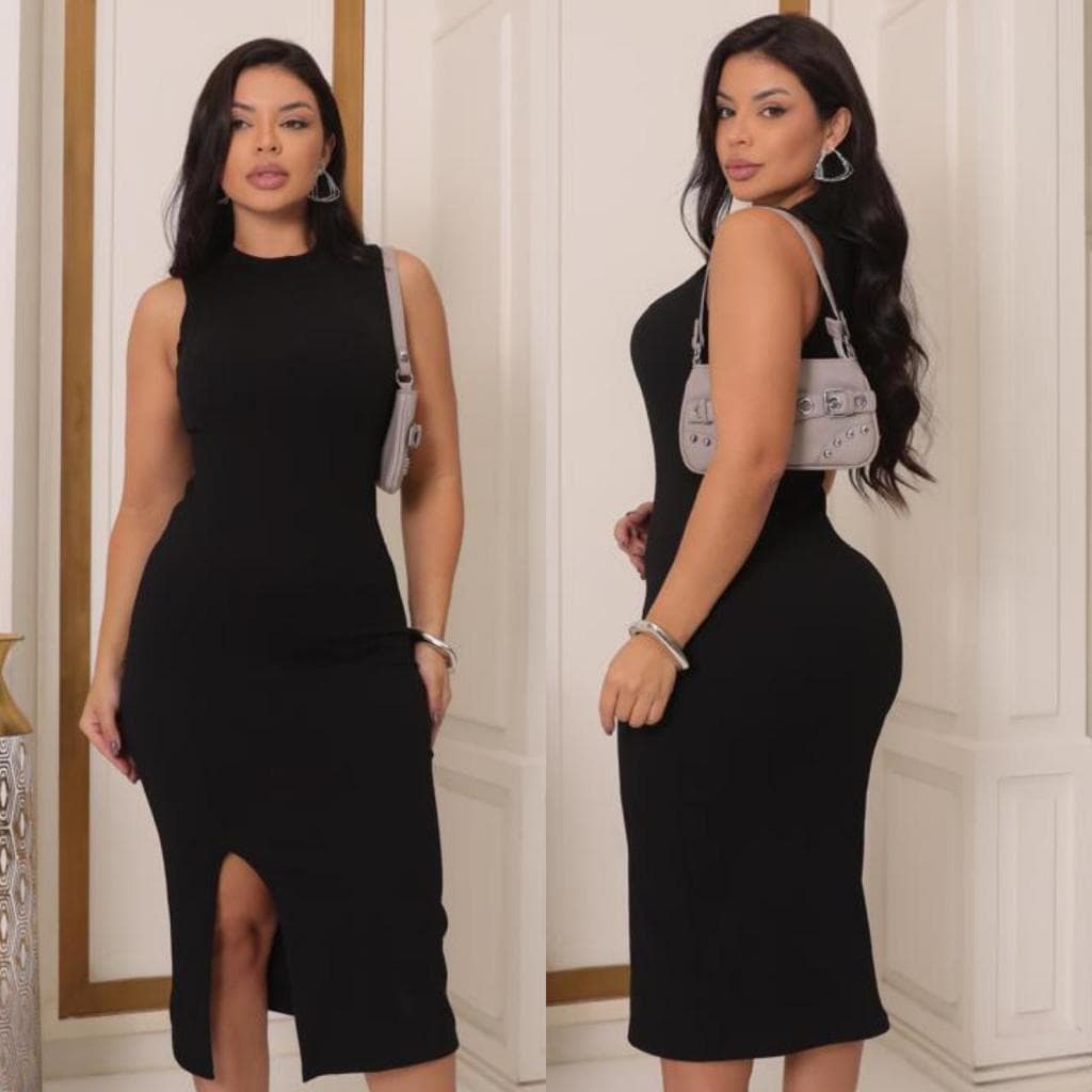Vestido Midi Regata Com Fenda Lateral Canelado Feminino Casual Festa Elegante Moderno P ao GG