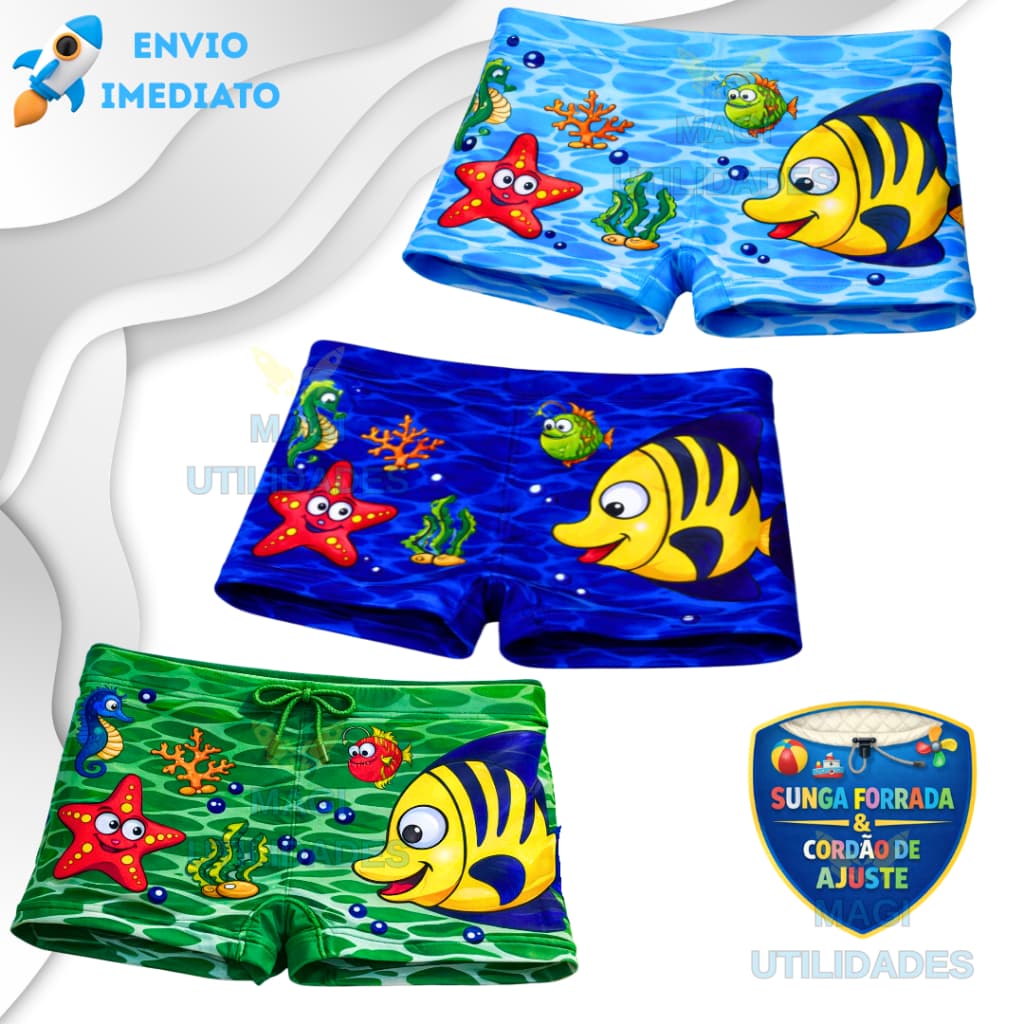 Sunga Infantil Box Modo Praia Com Estampas de Desenhos e Cadarço para Regular na Cintura