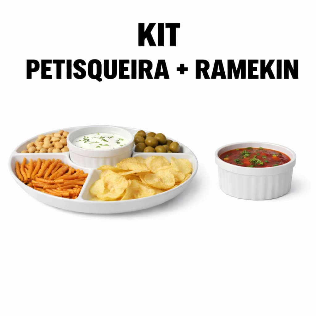 Kit Petisqueira Redonda com Divisórias + Ramekin para Molhos, Plástico, Petiscos, Buffet e Festa