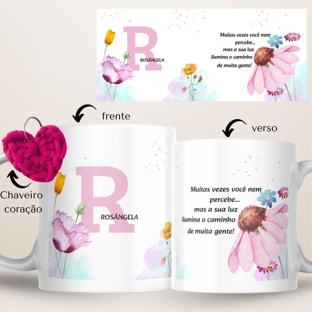 Caneca personalizada nome floral + chaveiro em fio de malha + caixa coração Porcelana 325mll