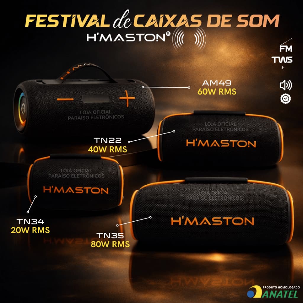 CAIXA DE SOM Bluetooth ALTO FALANTE GRAVE POTENTE IPX6 HMASTON 20W/40W/60W/80W
