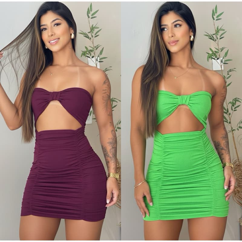 Vestido Tomara que Caia Canelado Ribana Franzido Tubinho Curto Decote na Frente Tendência