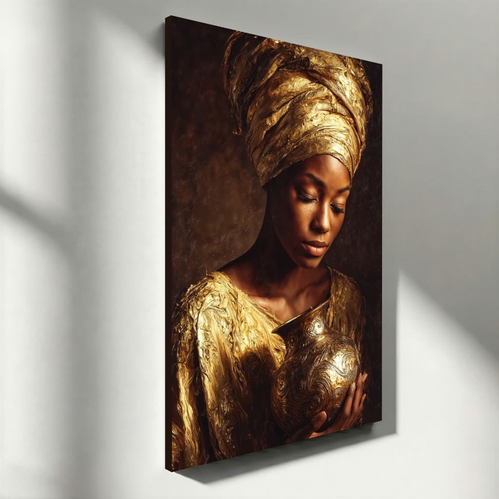 Quadro Decorativo Mulher Africana com Vaso Dourado Arte Elegante Vertical