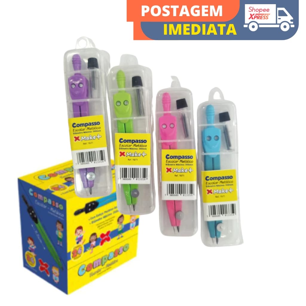 Compasso Metálico Escolar Make Cores Modernas e Resistência! Inclui Grafite e Refil
