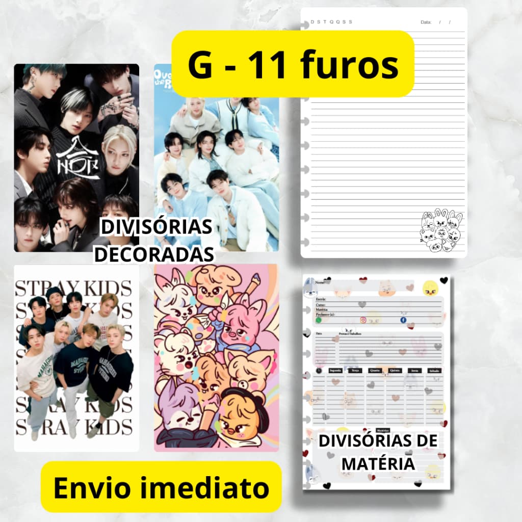 REFIL 100 FOLHAS PARA CADERNO DE DISCO STRAY KIDS KIT (G - 11 FUROS) E KIT DIVISÓRIA