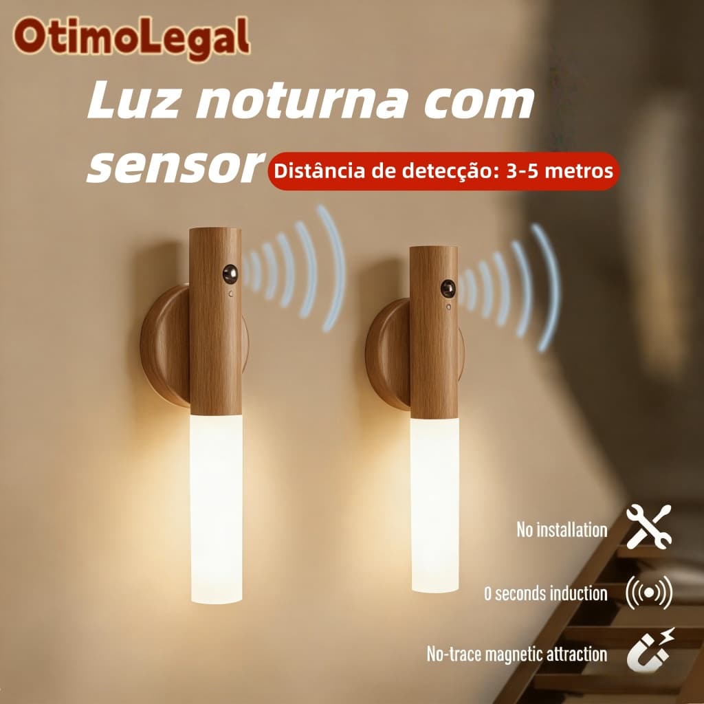 Luminária LED Inteligente com Sensor Movimento Magnética Recarregável para Parede Luz Quente