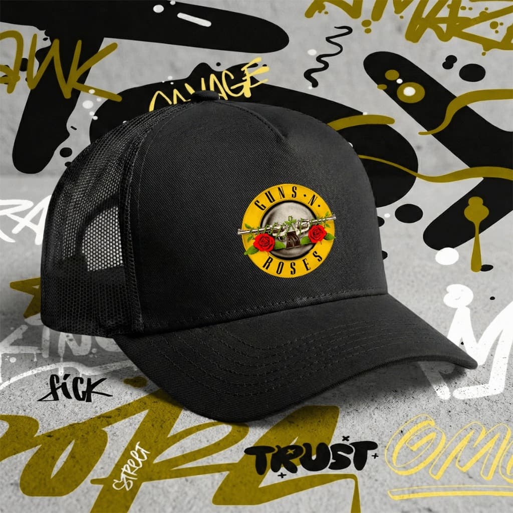 *EXCLUSIVO* Boné Trucker Telinha Rock "Guns n Roses Logo" Aba Curva Unissex Estilo Vintage Casual Aesthetic