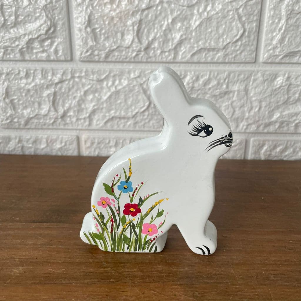 Coelho Decorativo Cerâmica com Flores Páscoa (Peça Única) Off White / Branco Brilhante