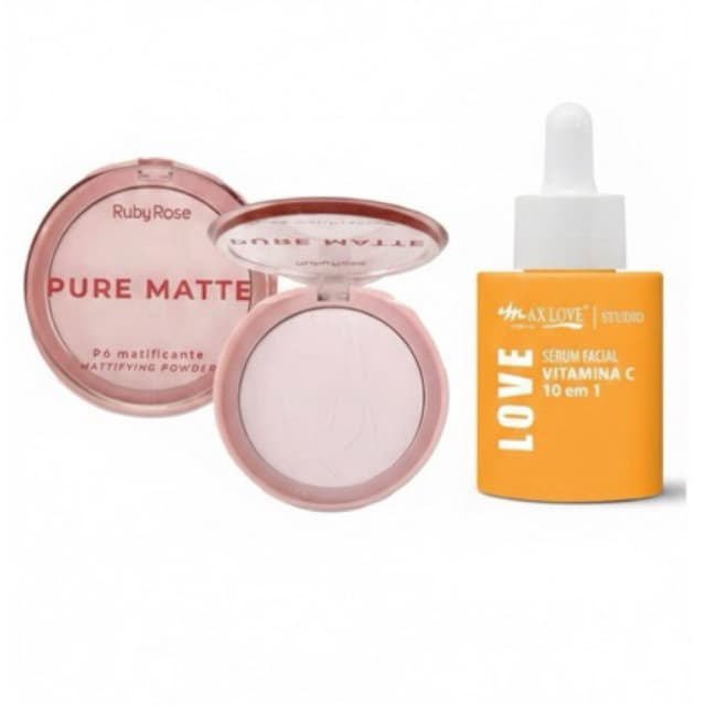 Kit Vitamina C + Pó Compacto Matte Ruby Rose – Controle de Oleosidade e Glow