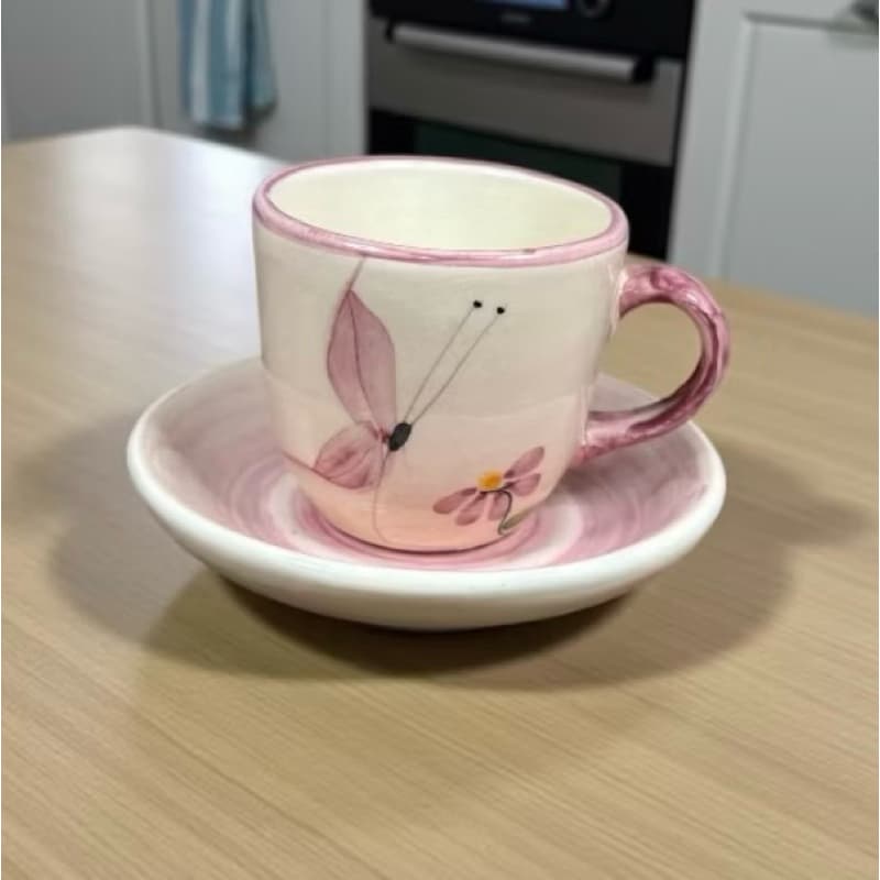 Xícara Rosa Decorado Borboleta Com Pires Para Café Ou Chá 50ml Feito De Cerâmica Pintado A Mão