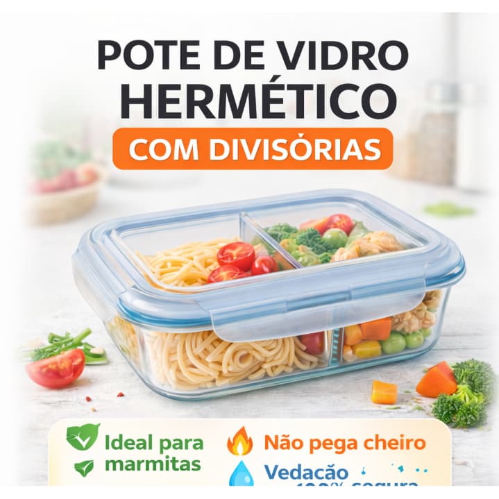 Pote de Vidro Hermético 1040ml Com Divisória Marmita Fitness Forno e Micro-ondas Premium