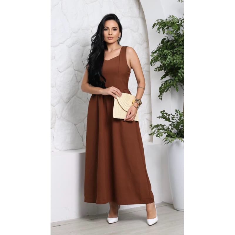 Vestido Longo Feminino Alça Grossa Bolsos Laterais  Elastex nas Costas Tecido Sensorial Marrante