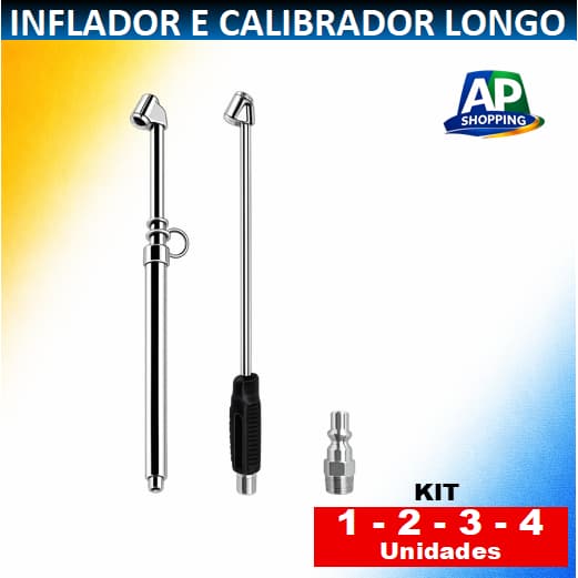 Kit Bico Inflador + Calibrador Longo 1 a 4 un. Uso Borracharia Caminhões Medidor de Pressão De Pneus