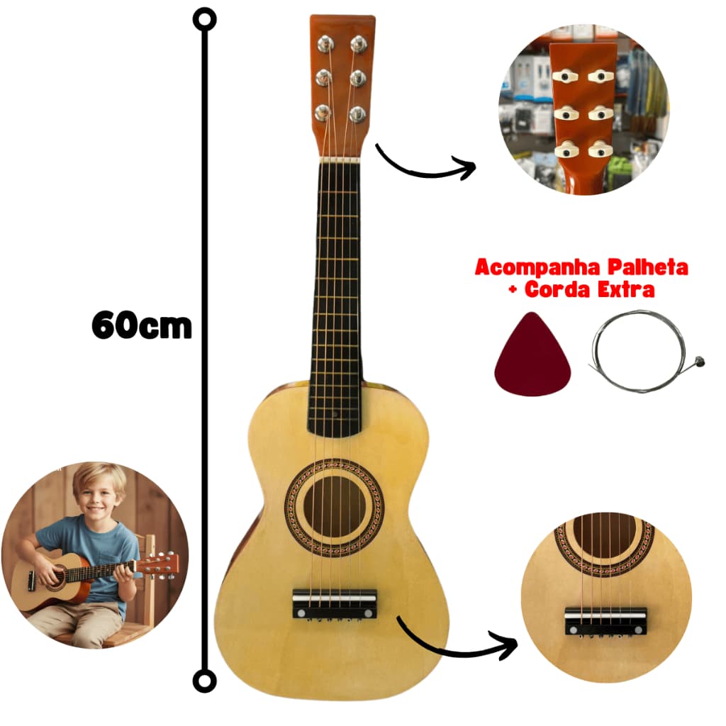 Violão De Brinquedo Infantil 60CM Musical Estilo Madeira Profissional 6 Cordas Aço + Palheta F4