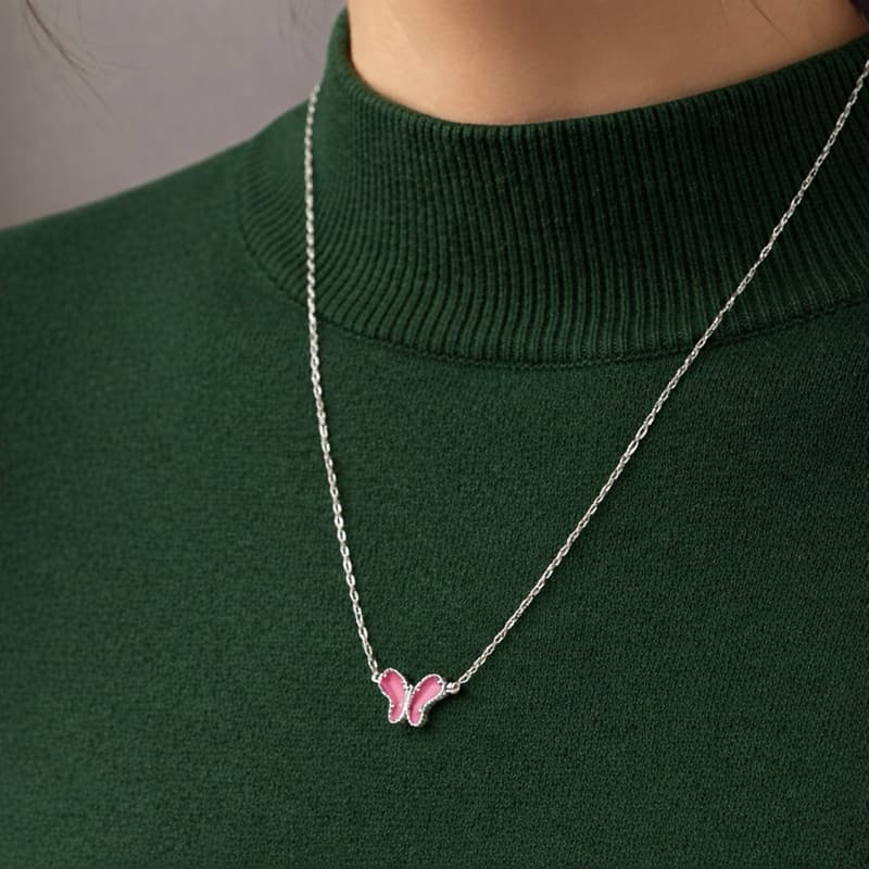 Choker Borboleta Rosa em Prata 925 Colar