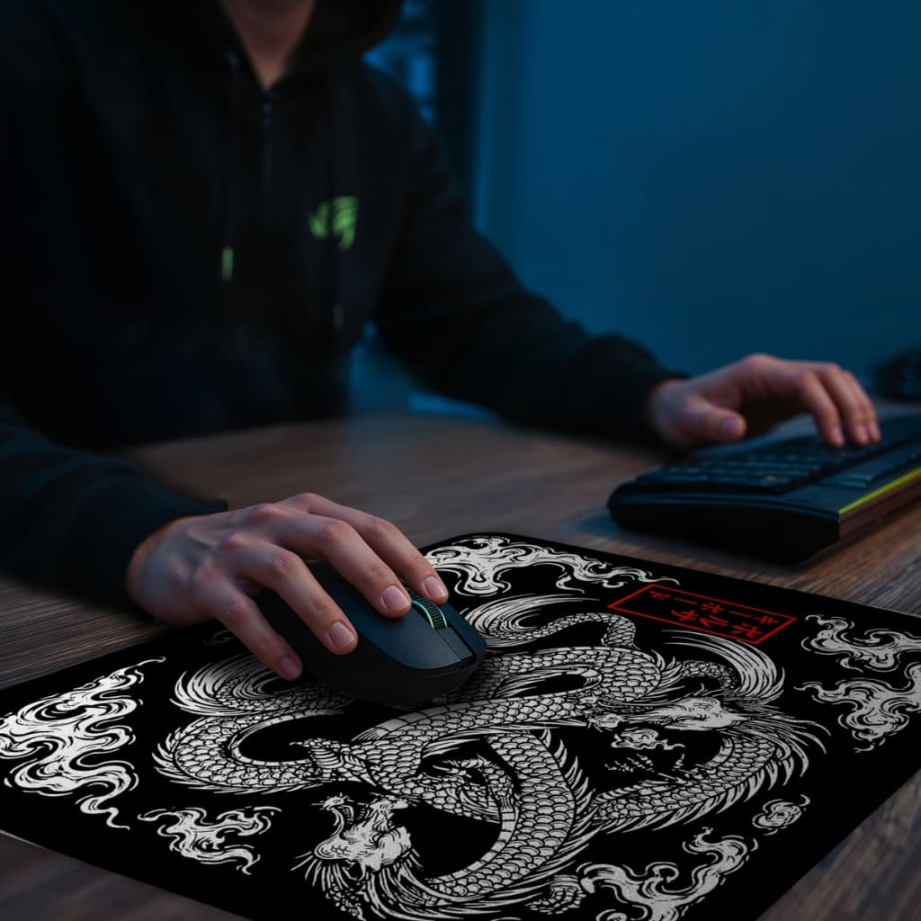 Mouse Pad Gamer com Borda Costurada Tema Dragão Chinês e Oriental Tamanho Especial 40x40cm