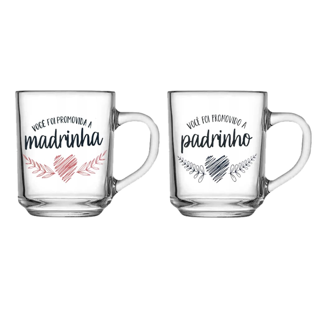 Kit De 2 Canecas De 230ml De Vidro Decorado Para Madrinha Padrinho Batizado Casamento