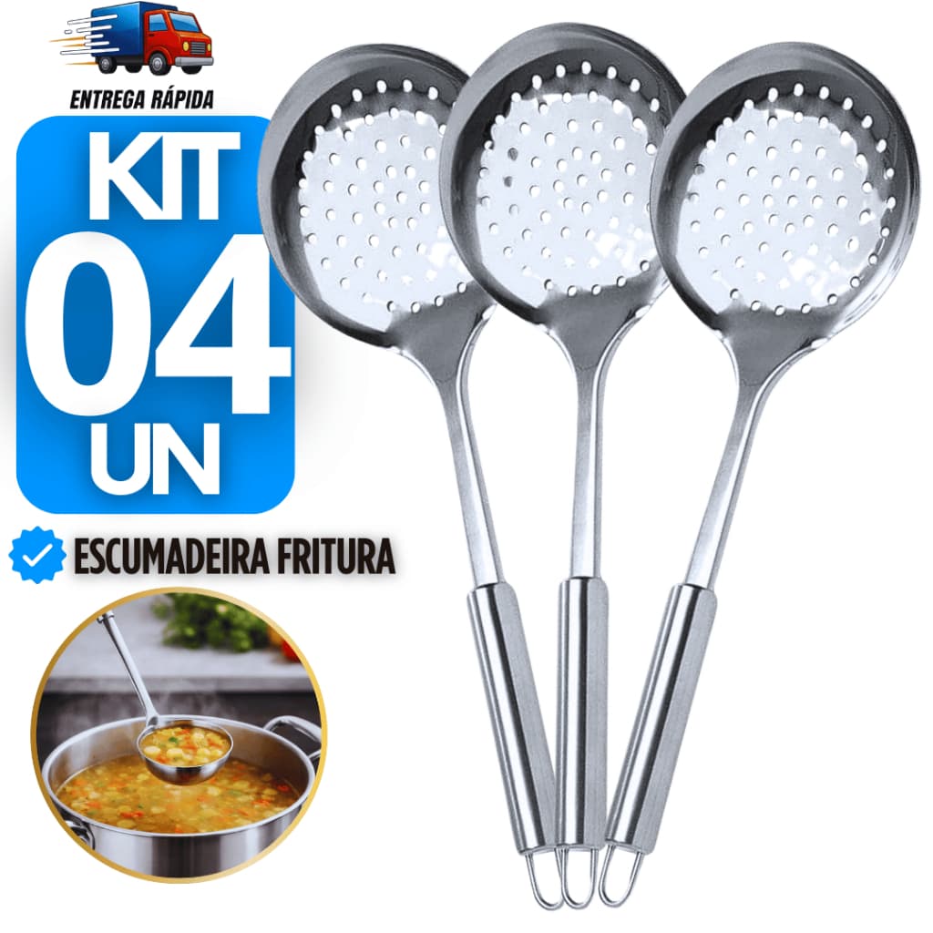 Kit 4 Escumadeira Aço Inox com Furo  Arroz Fritura Servir Preparar Alimentos 32.7cm Escumadeiras