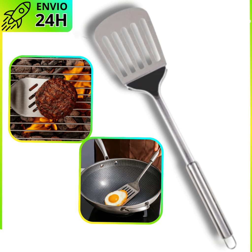 Espátula Vazada Proficional | 100% Aço Inox Resistente para Fritura e Hambúrguer Gourmet